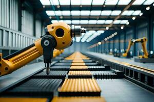 a robotic arm is standing in front of a conveyor belt. AI-Generated photo
