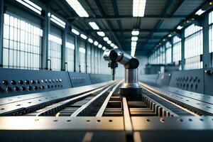 a robot is standing on a conveyor belt in a factory. AI-Generated photo