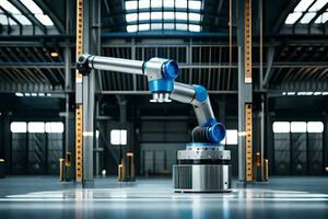 a robotic arm in a warehouse with a large window. AI-Generated photo