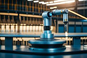 a robotic arm is sitting on a table in a factory. AI-Generated photo