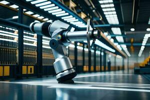a robot is standing in a warehouse with a large machine. AI-Generated photo