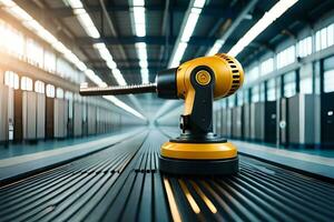 a yellow and black robot is sitting on a conveyor belt. AI-Generated photo