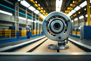 a metal object on a conveyor belt in a factory. AI-Generated photo