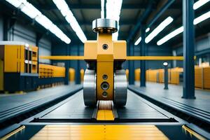 a robot is standing in a warehouse with yellow lines. AI-Generated photo