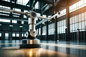 a robot is standing in a large warehouse. AI-Generated photo