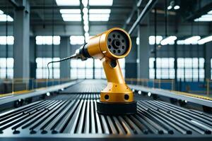 a robotic drill on a conveyor belt in an industrial setting. AI-Generated photo