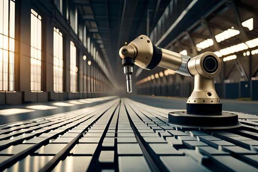 a robotic arm on a keyboard in an industrial setting. AI-Generated photo