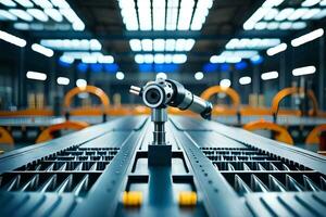 a robot is standing on a conveyor belt in a factory. AI-Generated photo