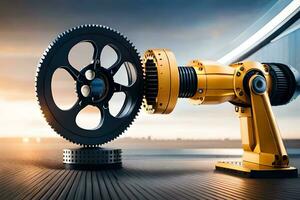 a yellow industrial machine with gears on top. AI-Generated photo