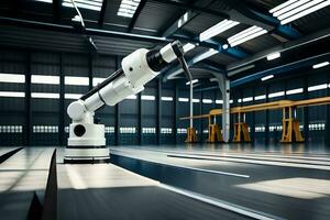 a robotic arm is sitting on a table in a warehouse. AI-Generated photo