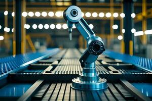 a robotic arm on a conveyor belt in an industrial setting. AI-Generated photo