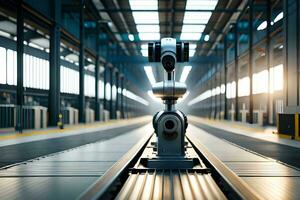 a robot is standing on a conveyor belt in a factory. AI-Generated photo