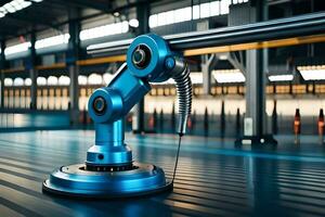 a blue industrial robot is sitting on a table. AI-Generated photo