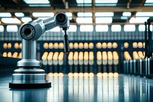a robotic arm is sitting on a table in a factory. AI-Generated photo