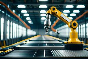a robotic arm is standing in front of a conveyor belt. AI-Generated photo
