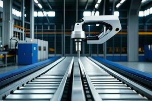 a robotic arm is moving on a conveyor belt. AI-Generated photo