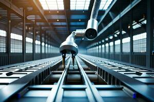 a robot is standing on a track in a factory. AI-Generated photo