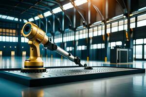 a robotic arm is sitting on a table in a warehouse. AI-Generated photo