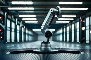 a robot is standing in front of a large warehouse. AI-Generated photo
