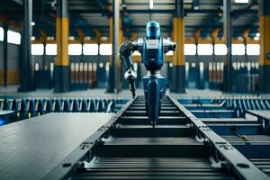 a robot is walking on a conveyor belt in a factory. AI-Generated photo