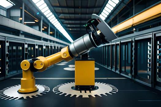 un robótico brazo es en pie en frente de un grande datos centro. generado por ai foto