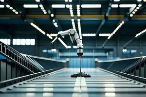 a robot is standing on a conveyor belt in a factory. AI-Generated photo
