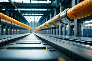 a long conveyor belt with yellow pipes in a factory. AI-Generated photo