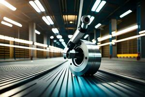 a close up of a metal object on a conveyor belt. AI-Generated photo