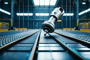 a robot is on a conveyor belt in a factory. AI-Generated photo