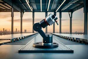 a robotic arm on a conveyor belt in a factory. AI-Generated photo