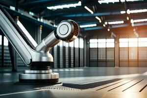 a robotic arm is sitting on a table in a warehouse. AI-Generated photo