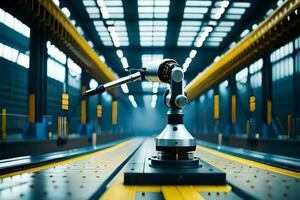 a robot is standing in front of a machine in a factory. AI-Generated photo
