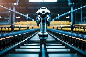 a robot is standing on a conveyor belt in a factory. AI-Generated photo