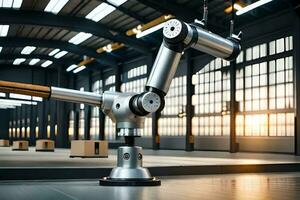 a robotic arm in a warehouse with boxes on the floor. AI-Generated photo