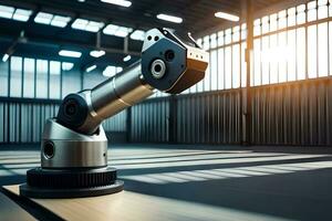 a robotic arm is sitting on a table in a warehouse. AI-Generated photo