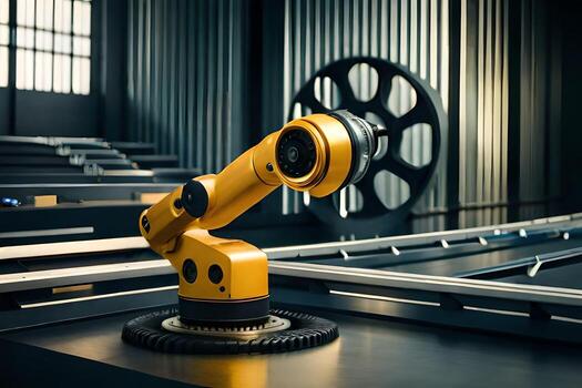 a robotic arm is sitting on a table in a factory. AI-Generated photo