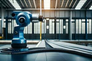 a robotic arm is sitting on a table in a factory. AI-Generated photo