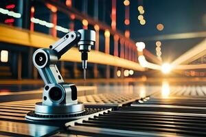 a robotic arm on a conveyor belt in front of a factory. AI-Generated photo