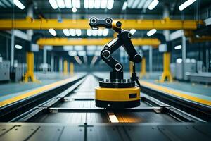 a robotic arm is standing on a track in a factory. AI-Generated photo