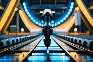 a robot is standing on a track in a factory. AI-Generated photo