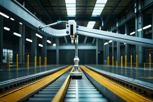 a robotic arm is moving along a conveyor belt. AI-Generated photo