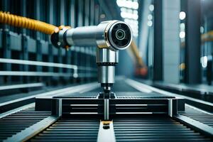 a robotic arm is on a conveyor belt in a factory. AI-Generated photo