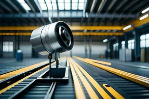 a camera is sitting on a conveyor belt in a warehouse. AI-Generated photo