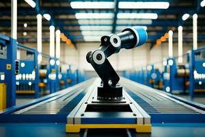 a robot is standing on a conveyor belt in a factory. AI-Generated photo