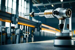 a robotic arm is sitting on a table in a factory. AI-Generated photo