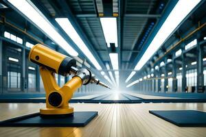 a robotic arm is sitting on a table in a factory. AI-Generated photo