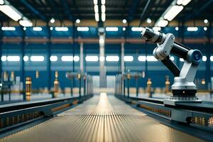 a robotic arm is on a conveyor belt in a factory. AI-Generated photo