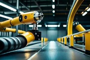 robots in a factory with yellow pipes. AI-Generated photo