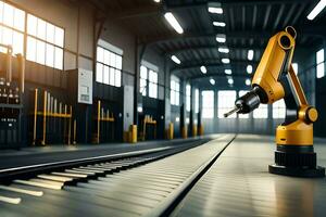 a robotic arm is standing in front of a warehouse. AI-Generated photo