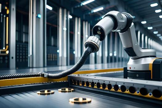 un robótico brazo es trabajando en un máquina en un fábrica. generado por ai foto